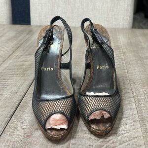 Christian Louboutin Black Fishnet Slingback Cork Heel